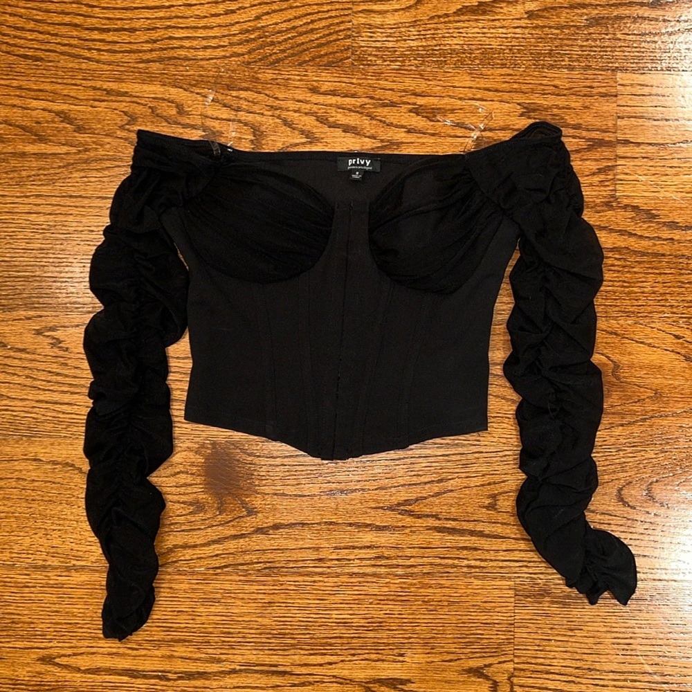 Mystique Boutique Corset Off the Shoulder Long Mesh Sleeve Top